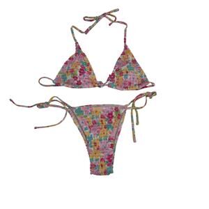 Make Me Chic Women Medium Multicolor Smocked Drawstring 2 Piece Bikini Swimsuit